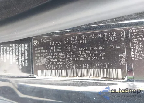 2004 BMW M3 из США, поврежденный, VIN WBSBL93474PN59201